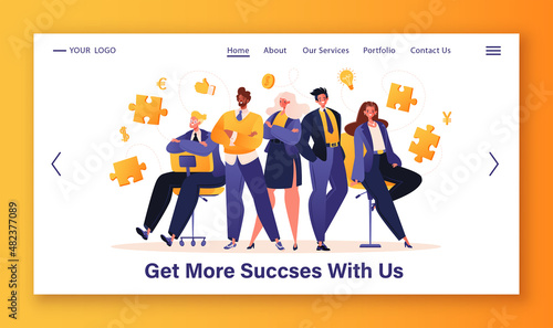 Success, Business, Teamwork concept for landing page template. Men and women in suits invite to become part of their team. Searching for employees, inviting to work in office, become part of business.