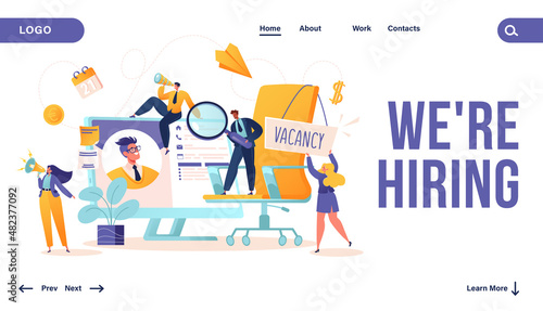 "We are Hiring" concept  landing page design with business people. Vacancy,  job hiring, recruitment, human resources, agency interview,  with vector cartoon flat characters. Searching for new employe
