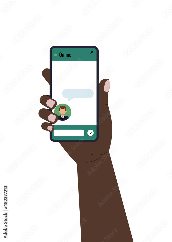 Chat bot dialoge windows on smartphone screen with man in business suit flat design isolated. Online artificial intelligence robot message chat on holding hand mobil phone. Vector illustration. Chat bot dialoge windows on smartphone screen with man in business suit flat design isolated. Online artificial intelligence robot message chat on holding hand mobil phone. Vector illustration.