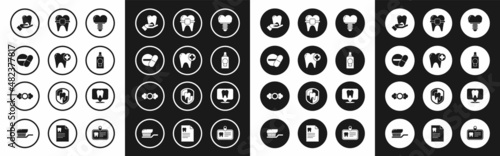 Set Dental implant, Tooth, Medicine pill or tablet, Mouthwash plastic bottle, Teeth with braces, clinic location and Candy icon. Vector