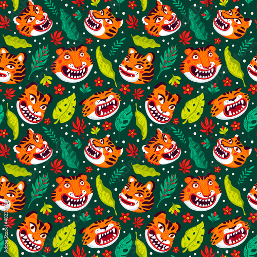 Tiger seamless pattern, vector animal print with cute tigers and tropical leaves. Organic flat style vector illustration.