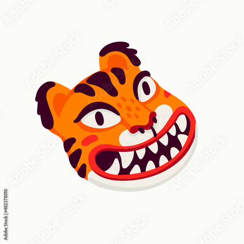 Tiger vector head, cartoon tiger funny face on white background.