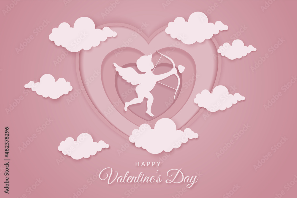 Paper art style valentines day background with cupid and heart illustration