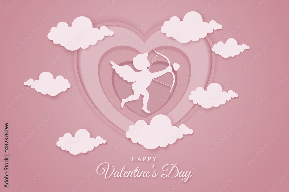 Paper art style valentines day background with cupid and heart illustration Paper art style valentines day background with cupid and heart illustration