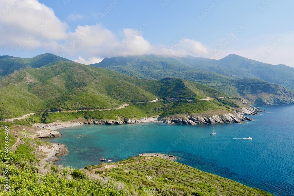 Panoramic view of coastline of Cap Corse, Corsica, France.