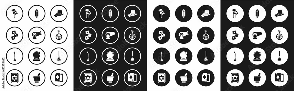 Set Magician hat in hand, Cannon, Game dice, Bottle with love potion, Unicycle or one wheel bicycle, stone, Witches broom and icon. Vector Set Magician hat in hand, Cannon, Game dice, Bottle with love potion, Unicycle or one wheel bicycle, stone, Witches broom and icon. Vector