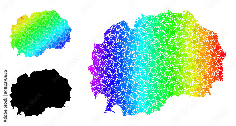 Spectral gradient star collage map of Macedonia. Vector vibrant map of Macedonia with spectral gradients. Mosaic map of Macedonia collage is made with chaotic color star items.