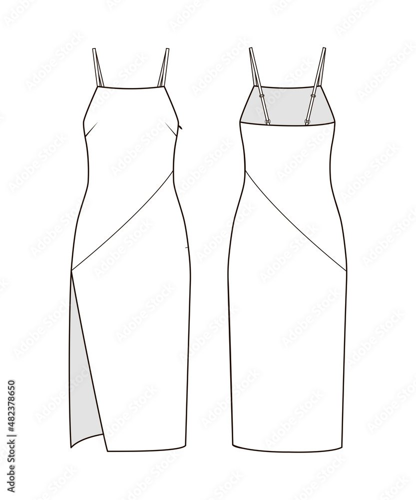 Fashion technical drawing of spaghetti strap high slit dress Stock ...