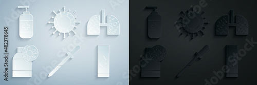 Set Pipette, Virus cells in lung, Bottle with virus, Blood test and, and of liquid antibacterial soap icon. Vector