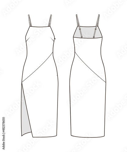 Fashion technical drawing of spaghetti strap high slit dress