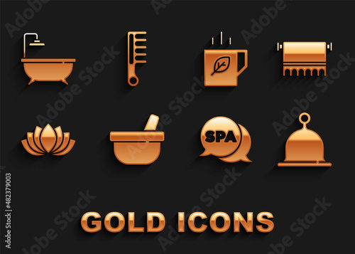 Set Mortar and pestle, Towel on hanger, Sauna hat, Spa salon, Lotus flower, Cup of tea leaf, Bathtub and Hairbrush icon. Vector © Oksana