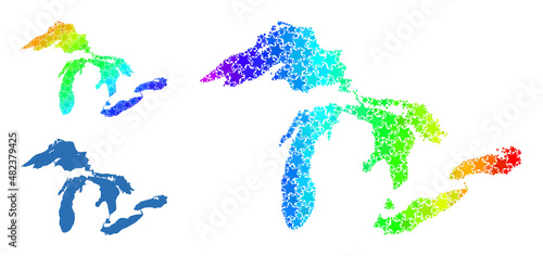 Spectral gradiented star collage map of Great Lakes. Vector colored map of Great Lakes with spectral gradients. Mosaic map of Great Lakes collage is formed of randomized colored star items.