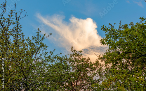 Blue sky with curly clouds and sun, sunset with sun rays.