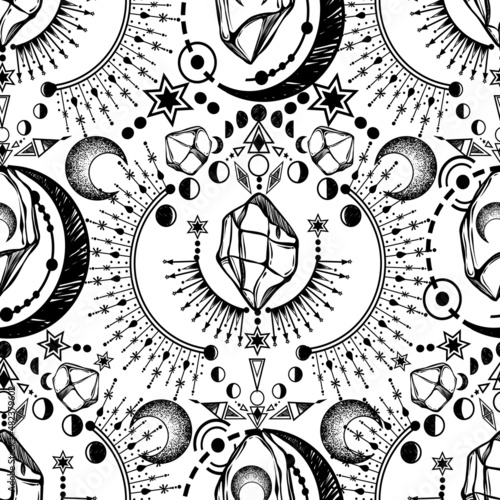 Vector illustration, magical astrology and crystals, Alchemy, spirituality and occultism, magic symbol, Handmade, print, light  background, seamless pattern