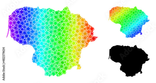 Spectral gradient star mosaic map of Lithuania. Vector colored map of Lithuania with spectral gradients. Mosaic map of Lithuania collage is created with chaotic colored star elements. photo