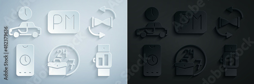Set Always busy, Old hourglass with sand, Alarm clock app mobile, Smartwatch, Day time and Time to travel icon. Vector