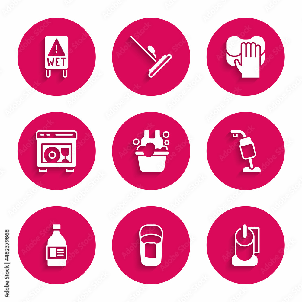 Set Basin with soap suds, Bucket rag, Toilet paper roll, Vacuum cleaner, Bottle for cleaning agent, Dishwasher machine, Cleaning service and Wet floor icon. Vector