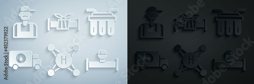 Set Water tap, filter, Plumber service car, Industry pipe and manometer, metallic and icon. Vector