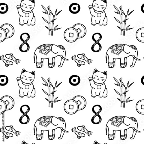 Good Luck Symbols Seamless Pattern. Asian talismans and charms contour vector background