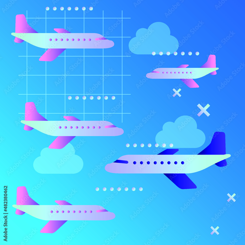 Five planes flying to meet each other among clouds and graphics. Vector illustration, on a blue background. For the design of social networks or other infographics and banners.