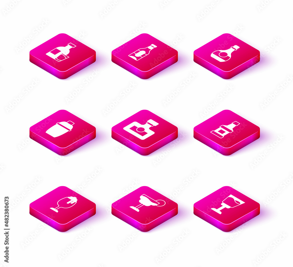 Set Glass of beer, Cocktail, shaker, Alcohol drink Rum, Wine glass, Whiskey bottle, Bottle cognac or brandy and Beer icon. Vector Set Glass of beer, Cocktail, shaker, Alcohol drink Rum, Wine glass, Whiskey bottle, Bottle cognac or brandy and Beer icon. Vector