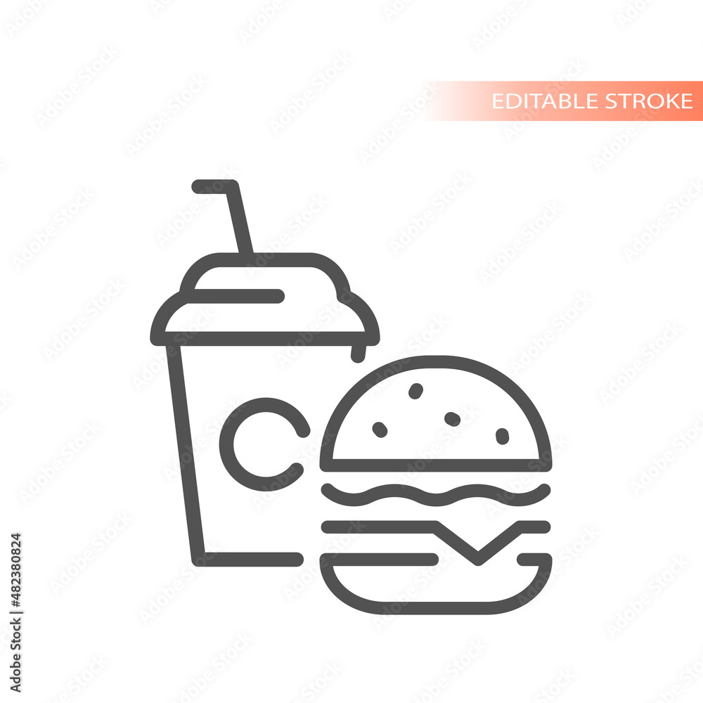 Burger and soda, fast food and drink icon. Outline, editable stroke symbol. Burger and soda, fast food and drink icon. Outline, editable stroke symbol.