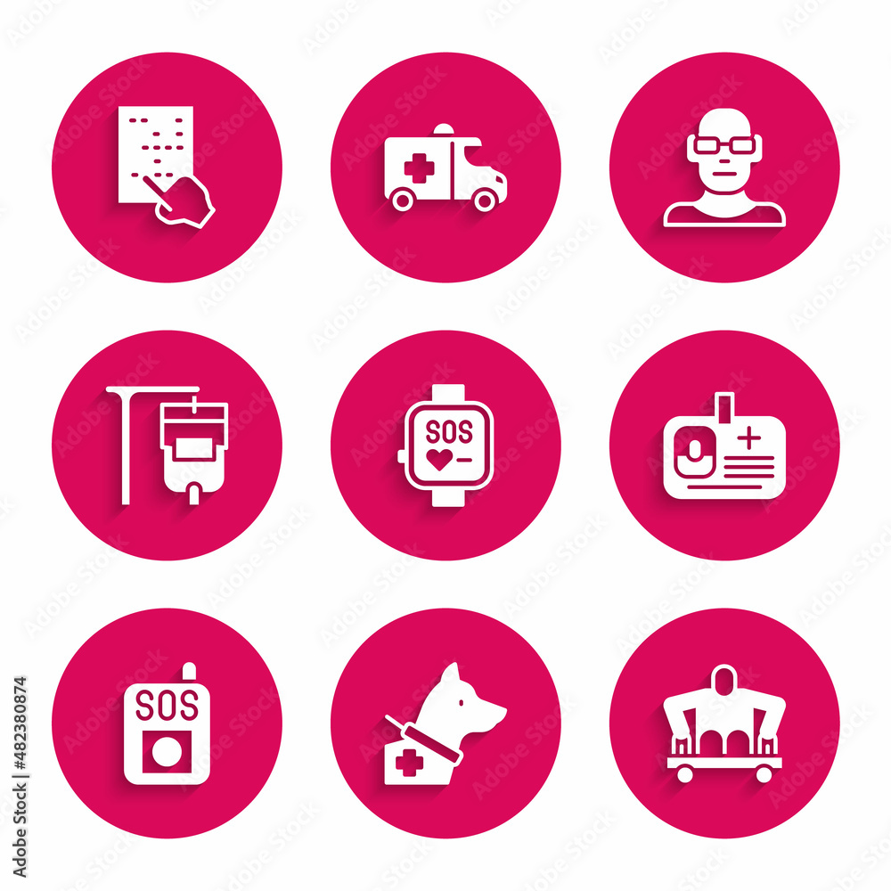 Set Smart watch, Guide dog, Man without legs sitting wheelchair, Identification badge, Press the SOS button, IV bag, Poor eyesight and Braille icon. Vector Set Smart watch, Guide dog, Man without legs sitting wheelchair, Identification badge, Press the SOS button, IV bag, Poor eyesight and Braille icon. Vector
