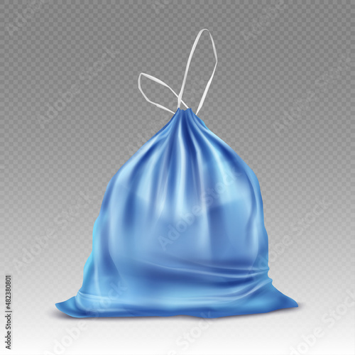 Blue plastic bag for trash and garbage. Vector realistic mockup of polyethylene trashbag. Sack with refuse with tied string isolated on transparent background