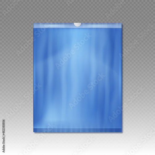 Blue plastic bag for trash and garbage. Vector realistic mockup of polyethylene trashbag  isolated on transparent background.