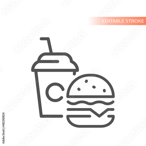 Burger and soda, fast food and drink icon. Outline, editable stroke symbol.