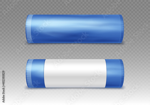 Blue plastic bag for trash and garbage. Vector realistic mockup of polyethylene trashbag in roll isolated on transparent background
