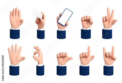 Set of cartoon 3d hands. Vector cartoon hand gestures isolated on white background.
