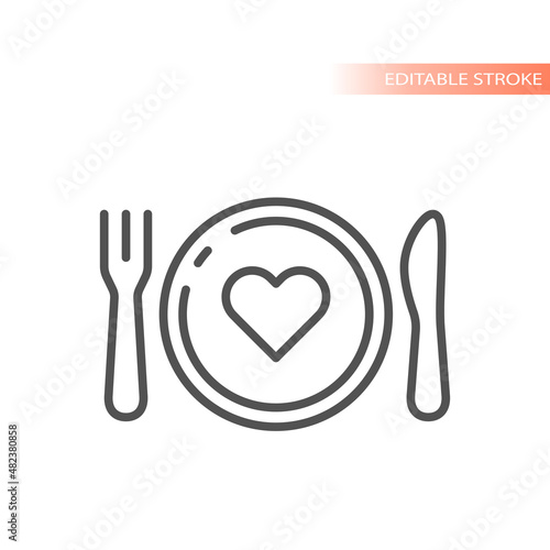 Fork, knife, plate and heart outlined icon. Love food vector symbol.