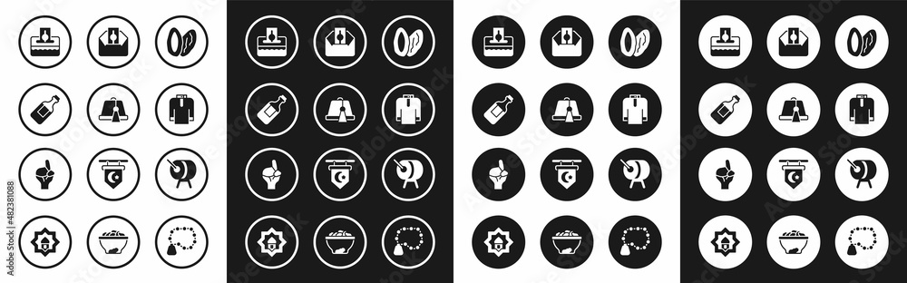 Set Date fruit, Turkish hat, Bottle of water, Donate or pay your zakat, Shirt kurta, Ramadan drum and Hands in praying position icon. Vector