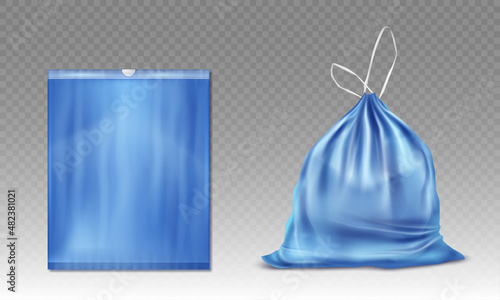 Blue plastic bag for trash and garbage. Vector realistic mockup of polyethylene trashbag. Sack with refuse with tied string isolated on transparent background