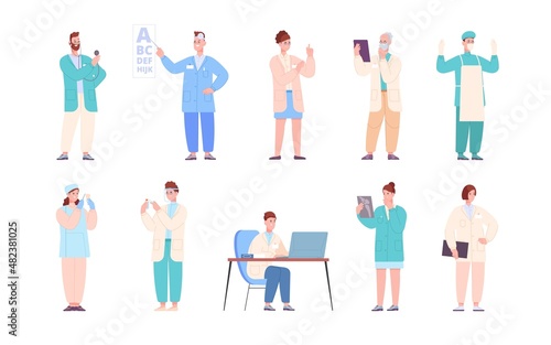 Healthcare staff characters. Medical hospital employees, doctors nurses in white uniform, health care job, pharmacist dentist surgeon, eye diagnostics, splendid vector illustration