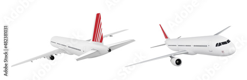 Realistic 3D model of an airplane flying in the air isolated on white background. Passenger plane sky flying. Vector Illustration.