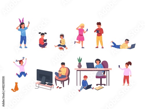 Kids using gadgets. Kid with mobile phone or computer, baby play tablet, cartoon child looking screen electronic technology device, boy holding smartphone set garish vector