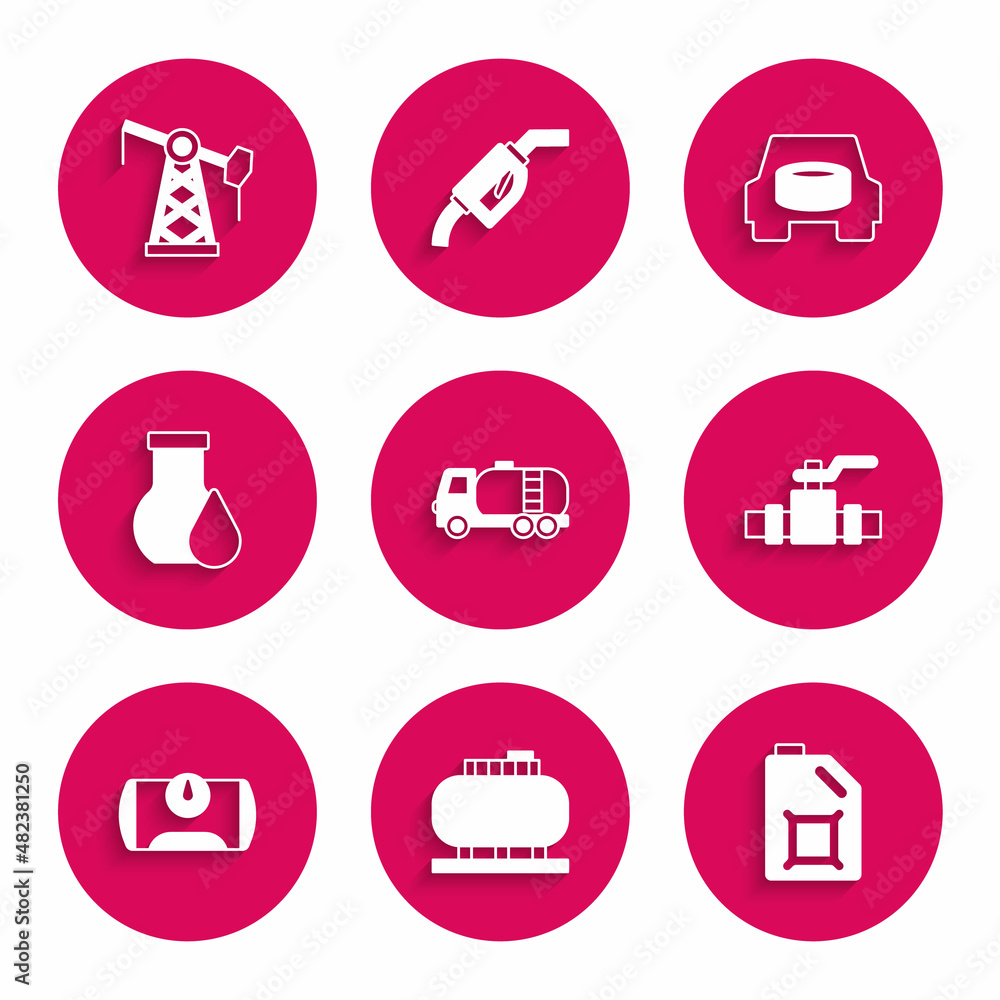 Set Tanker truck, Oil tank storage, Canister for motor oil, Metallic pipes and valve, Gas vehicle, petrol test tube, Spare wheel in the car and pump pump jack icon. Vector Set Tanker truck, Oil tank storage, Canister for motor oil, Metallic pipes and valve, Gas vehicle, petrol test tube, Spare wheel in the car and pump pump jack icon. Vector