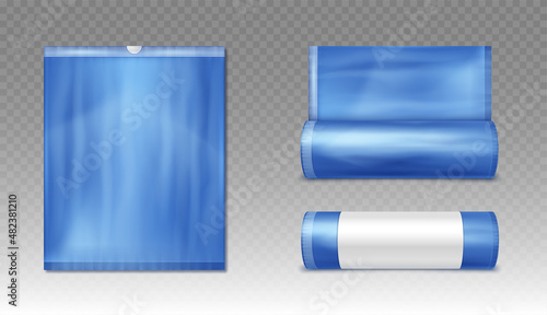 Blue plastic bag for trash and garbage. Vector realistic mockup of polyethylene trashbag  isolated on transparent background.