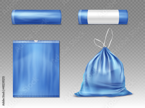 Blue plastic bag for trash and garbage. Vector realistic mockup of polyethylene trashbag  isolated on transparent background