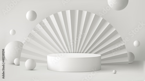 3d scene wiht white podium, fan and balls. Realistic render platform and abstract objects in studio for product presentation, sale, mockup. Vector geometric illustration