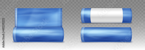 Blue plastic bag for trash and garbage. Vector realistic mockup of polyethylene trashbag in roll isolated on transparent background