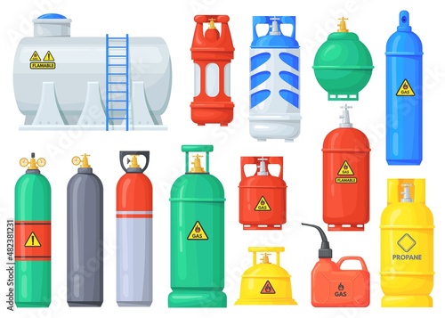 Cartoon gas cylinders. Pressure oxygen cylinder, metal tank with industrial flammable fuel, lpg bottle propane butan tanks, dangerous canister for storage, neat vector illustration