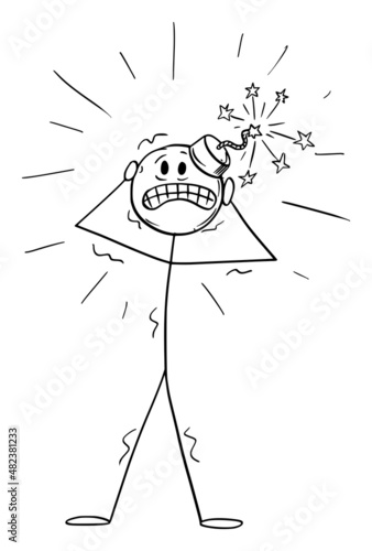 Person With Bomb as Head, Head Pain or Stress, Vector Cartoon Stick Figure Illustration