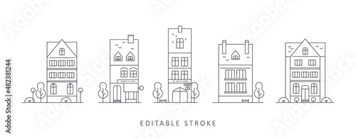 Neighborhood line art house icons. City street with buildings in front, trees and street elements. Urban minimalism scene in flat style. Editable stroke illustration.