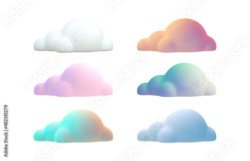 3d render multicolored clouds. Cartoon cloud shapes in different lighting for games, animation, web. Vector illustration