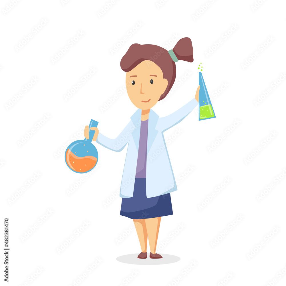 Happy girl is doing a chemical experiment. Vector cartoon illustration Happy girl is doing a chemical experiment. Vector cartoon illustration