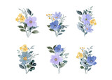 Set purple yellow floral bouquet with watercolor
