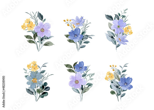 Set purple yellow floral bouquet with watercolor